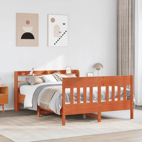 Ziaphsol Massivholzbett ohne Matratze, Wachsbraun 150x200 cm, Kiefernholz Bettrahmen mit Kopfteil, Lattenrost, Stauraum, für Schlafzimmer Möbel