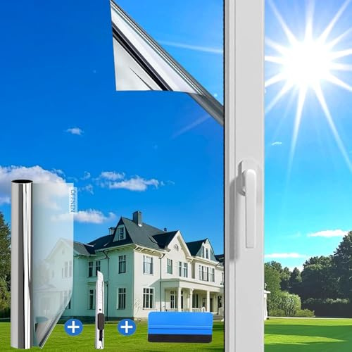 Evofensteere(100X200cm Silber) Fensterfolie Sonnenschutz Hitzeschutz innen oder außen | Rückstandslose Spiegelfolie Fenster Hitzeschutz | Selbstklebend UV Schutzfolie Fenster | Sonnenschutzfolie