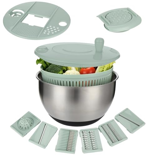 Skdqiee Multi-Function Salad Spinner with 5 Blades, 9.3 x 9.3 x 5.5 in Stainless Steel Vegetable Dryer, Fruit & Veggie Slicer, Juicer, Egg Separator, Ideal Kitchen Food Prep Tool