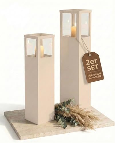 BENTSON Columna para luz de Viento, diseño de Color Blanco Sombra, Juego de 2, columnas Decorativas para jardín en diseño Industrial, portavelas para Exteriores e Interiores, Farol Exterior