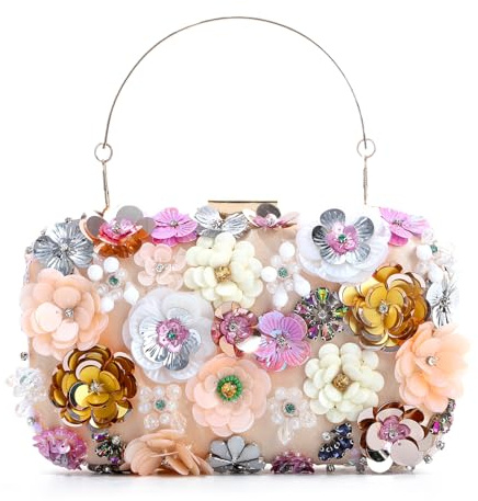 OPLERT Borsa da Sera con Fiori Donna, Pochette Elegante con Perline e Paillettes, Borsetta con Catena per Matrimonio