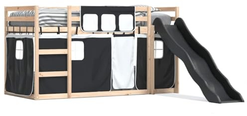 QJBSAVVA Kinderhochbett mit Rutsche und Vorhängen 80x200 cm - Spielbett aus Kiefer-Massivholz - Etagenbett für Kinderzimmer Platzsparend - Weiß Schwarz
