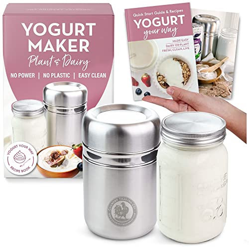 Fabricante de yogur de acero inoxidable con frasco de vidrio de 1 cuarto y libro de recetas completo para hacer más de 12 productos lácteos caseros y yogurts de leche