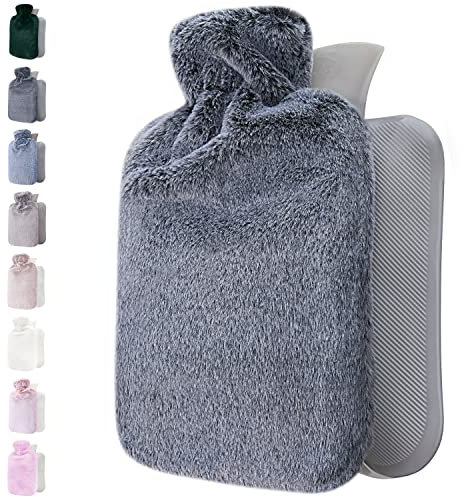 Qomfor Hot Water Bottle with Cover UK – Soft Faux Fur, 1.8L Hot Water Bottle for Period Pain Relief, Back Pain, Shoulder Pain – Luxurious Comfort for Adults (Dark Grey)