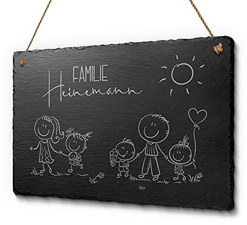Familienschild Willkommen aus Schiefer ca. 30x20 cm - Haustürschild mit Figuren Mama Papa Kinder | Persönliches Geschenk oder individuelle Dekoidee | Tolles Türschild für Familien