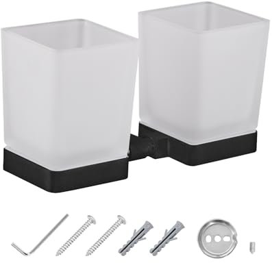 JASSFERRY Wall Mounted Toothbrush Tumbler Holder Double Frosted Glass Tumbler Toothpaste Organizer Storage Square Cup Black