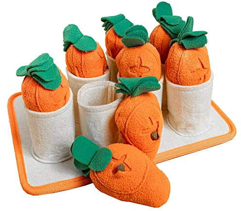 PAWS MANIA Interactive Dog Puzzle Toy (Carrot) for small to medium sized dogs, hide and seek treats with hidden squeakers