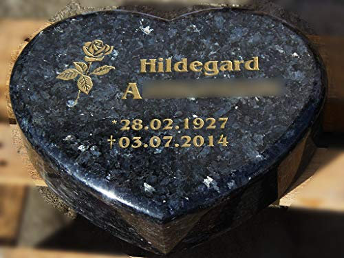 designgrab LabrL105-40x30x10 cm Liegestein Grabherz aus Granit Labrador Blue Pearl inkl. Beschriftung von Vor- und Nachname sowie Geburts- und Sterbedatum
