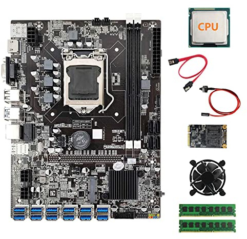 Lodokdre B75 BTC Carte mère minière 12XUSB+CPU+2XDDR3 4GB 1600MHz RAM+128G SSD+ventilateur + câble + câble Switch Cable LGA1155 Carte mère