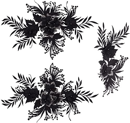 GORGECRAFT 3D Blume Perlensequenz Spitzenapplikation Computergesteuerte Stickerei Polyester Aufnäher Aufnäher Hochzeitskleid Dekoration Patches Aufkleber Zubehör Nähwerkzeug Für Kleidung Schwarz
