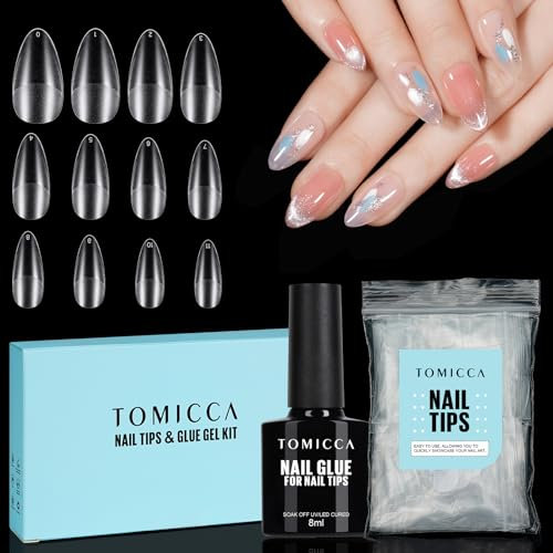 TOMICCA punta per unghia artificiali in gel: punte medium a mandorla con set di colla, 120 pezzi; punte morbide a copertura totale