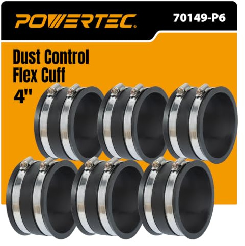 POWERTEC 70149-P6 4 Inch Dust Control Flex Cuff with Steel Hose Clamps, Hose Connector Rubber Cuff Coupler for Woodworking Dust Collection Fittings, Dust Collector Accessories & Machinery, 6 Pack