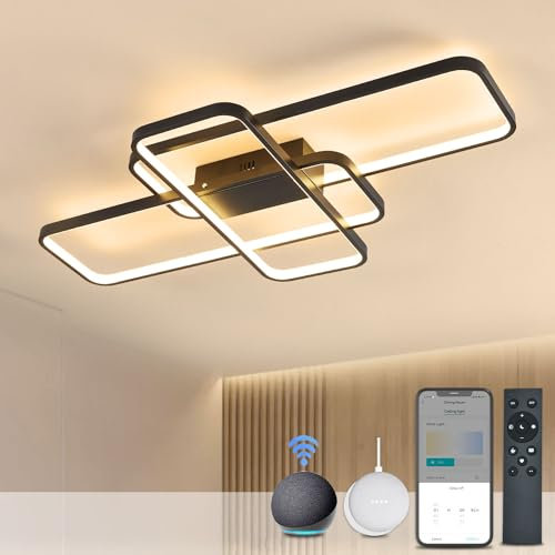 BAYHT Lámpara de Techo LED Inteligente Negra 70W 5600LM - Compatible con Alexa, Google Home y App, Control Remoto 3000K-6000K para Dormitorio, Sala de Estar 90CM