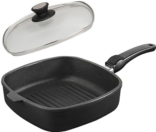 SKK Grillpfanne 26x26 cm 2-tlg. - ohne Induktion - eckige beschichtete Guss Bratpfanne Stiel abnehmbar & Deckel mit Edelstahlrand - Made in Germany