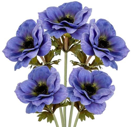 Briful 5er Set Künstliche Anemonen Kunstblumen Wie Echt Kunstzweige Blaue Frühlingsblumen, Länge 53 cm, Dekoblumen für Blumengesteck Home Resto Büro Dekoration