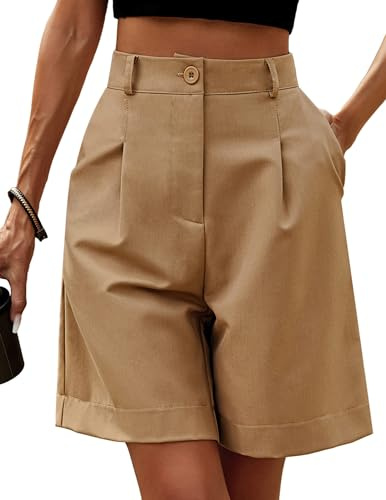 Zeagoo Pantaloncini Donna Estivi Vita Elastica a Vita Alta Bermuda Pantaloncini Casual Gamba Larga Lavoro con Tasche Cachi M