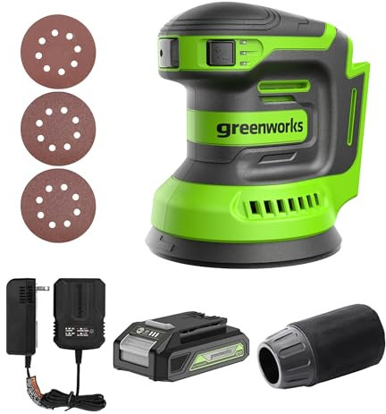 Greenworks Smerigliatrice a batteria da 24 V, levigatrice orbitale da 5, velocità variabile, 11000 OPM, 3 fogli di carta vetrata, con batteria da 2 Ah e caricatore