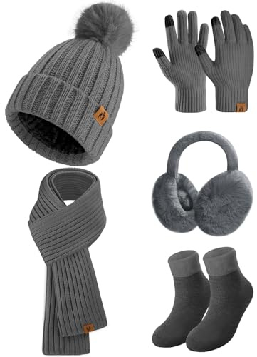 Niwicee Wintermütze Damen Fleece Gefütterte Handschuhe Damen Wärmer Lange Strickmütze Schal Warm Beanie Mütze Ohrenschützer Schal Handschuhe Socken-5 Stück Set Gestrickte Winter Geschenk