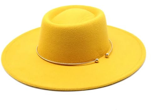 Unisex Fedora-Hüte, breite Krempe, Goldkette, Jazz-Filzhut, formeller Hut, gelb, 6 7/8-7 1/8
