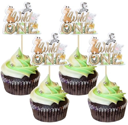 Gyufise 36Pcs Wild One Cupcake Toppers Jungle Animal One Cupcake Picks 1st Birthday Baby Shower Cake Decorations Jungle Safari Theme Kids Birthday Party Supplies Decorations Green