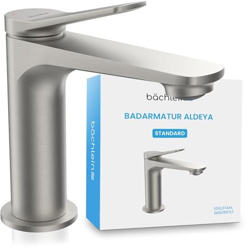 Bächlein Badarmatur Aldeya in modernem Design, Einhebelmischer mit langlebiger Keramikkartusche und Montage-Set, Bad Wasserhahn Edelstahl Gebürstet