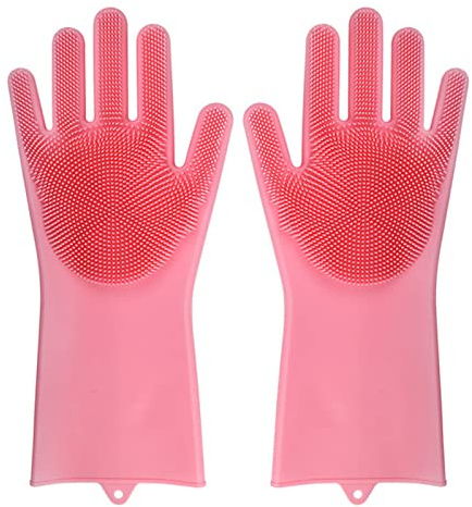JYMALISA Cleaning Gloves Dishwashing Cleaning Gloves Silicone Rubber Sponge Glove Household Scrubber Kitchen Clean Tools Dropshipping Kitchen Eco Friendly Cleaning Gloves(Pink)