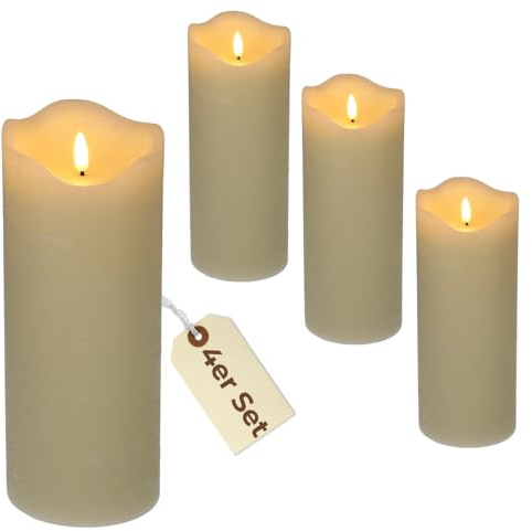 4er Set Echtwachskerzen mit beweglicher Flamme und Timer Led Echtwachskerzen flackernde Flamme flammenlose Kerze Creme Weiß 10 x 20 cm