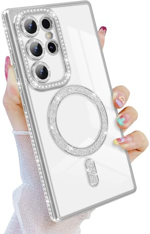 Newseego für Samsung Galaxy S24 Ultra Hülle, Glitzer Funkelnde Diamanten Handyhülle Kompatibel mit MagSafe Luxuriös Bling TPU Glitter Schutzhülle Fallschutz Stoßfest für Samsung S24 Ultra Silber