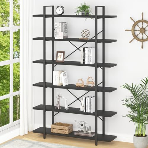 Mudmasa Bücherregal mit 6 Ebenen Holz Regal Standregal Büroregal offene Fächer Modern Metall Bücherregal für Wohnzimmer Schlafzimmer Büro Metallrahmen Regal bücher 32 x 120 x 215 cm