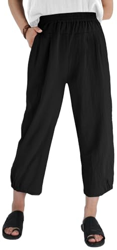 Les umes Dam bomull casual capribyxor elastisk midja sommarbyxor harembyxor med fickor, svart, 3XL