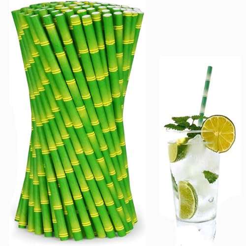 Trinkhalme,100 Stück Grün Bambus Papier Trinkhalme Geeignet Biologisch Abbaubare für Zuhause,Bar,Feier,Partys Strohhalme