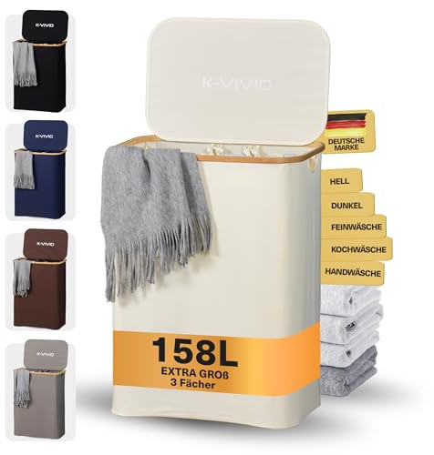 K-VIVID Wäschekorb 3-teilig (Beige) – 158 L – Wäschekorbe mit 3 Fächern – Wäschesammler mit Deckel & Tragegriffen – 3 Fächer zur Wäschetrennung – Wäschekorb mit herausnehmbarem Innensack