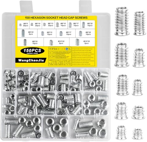 150 pcs screw-in nuts M6 M8 M10 screw-in sockets, threaded insert wood, threaded inserts threaded bushes, hexagon socket screw nuts ramp socket carbon steel for wooden furniture