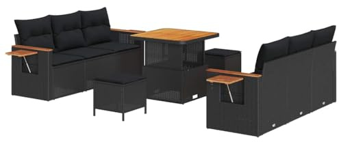 vidaXL 9-delat trädgårdsoffset med kuddar utemöbel svart poly rattan stiliga akaciaträ modulär design för 6-personers sittplatser patio sektionssoffa love stol väderbeständig PE