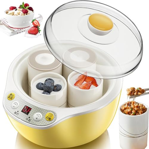 XSDAJSD Yogurtera automática de 1000 ml con Pantalla LED y Temporizador, Recipiente de Acero Inoxidable de 1000 ml y 4 Vasos de 250 ml, para Yogur, Queso y natto.