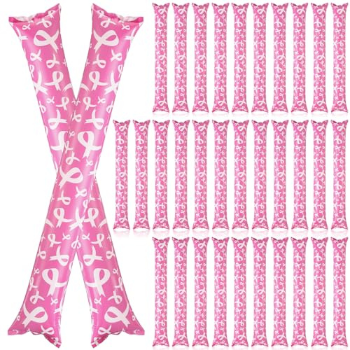 Soulchen 100 Pcs Breast Cancer Awareness Thunder Sticks Pink Ribbon Spirit Inflatable Boom Spirit Stick for Party Cheer Support and Care Women Sporting Event