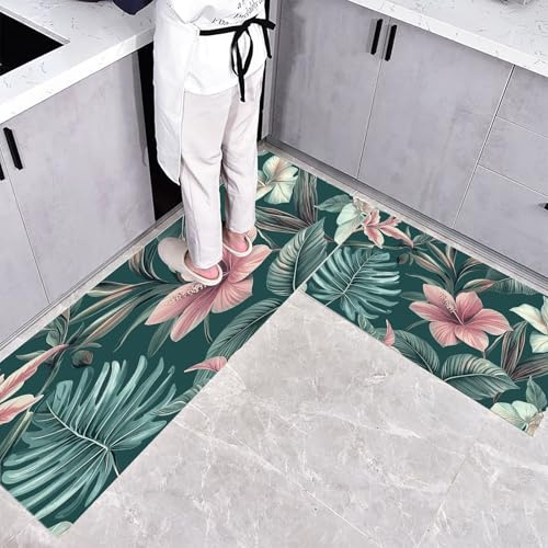 Küchenteppich Teppich Läufer Küchenläufer 2 Stück, Tropisch Monstera-Blätter küchenläufer Waschbar rutschfest Küchenmatte, Blütenblätter Fußmatte für Drinnen, Türkis Teppichläufer, 43×75cm+43×120cm