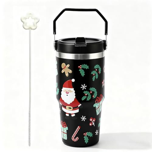 Hierbla 30oz Christmas Tumbler with Handle and Straw, Travel Mug Coffee Cup, Stainless Steel Double Wall Vacuum Insulated Coffee Water Bottle Thermal for Cold Hot Coffee, Xmas Gifts for Women Men
