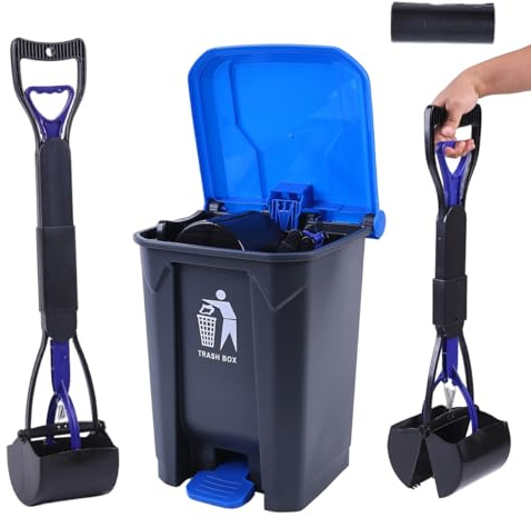 Pooper Scooper 2 Pack with 20 Litre Step Dog Poop Trash Can, 28 Long Handle Dog Poop Scoopers for Large Small Dogs Heavy Duty, Removable Inner Bucket for Outdoors, 50 Waste Bags Included (Blue)