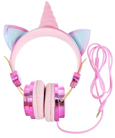 UTHCLO Rhinestone Unicorn Cat Ear Wired Gaming Headset with Adjustable Headband and Jack Comfortable Over-ear Headphones with Volume Control for Adults Rose Gold