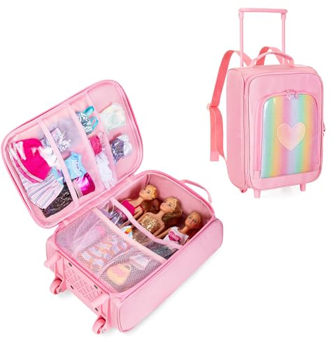 Travel Rolling Suitcase Compatible with Barbie Dolls 12-Inch Holds up to 6 Dolls, Storage Luggage Backpack with Wheels and Handle, Multiple Pockets for Doll’s Clothes, Accessories, Pink, Bag Only
