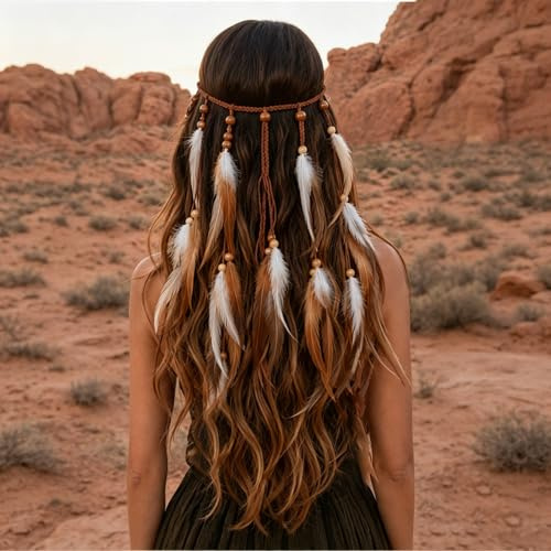 DIPZO Boho Feder-Stirnband für Damen, Hippie Stammes-Haar-Accessoire mit Quasten und Perlen, Indischer Kopfschmuck für Festivals, Kostüme und Karneval, Braun