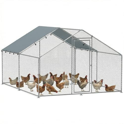PawHut Freilaufgehege 3x3,4x1,9 m begehbarer Hühnerstall für Gänse Silber | Verzinkter Stahl, Hühnergehege, Wetterfeste UV-Dachabdeckung, Abschließbare Tür, Hühnerkäfig für Kaninchen, Enten