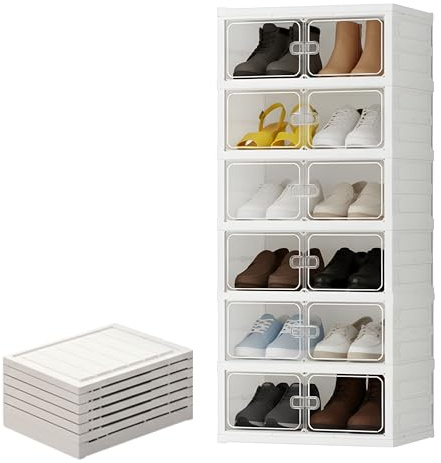 YASTA Scarpiera Moderna Salvaspazio, Mobiletto Porta Scarpe a Incastro, 6 Scomparti con Ante Trasparenti, Organizer Armadio Pieghevole, Scatole per Scarpe Impilabili, Design Modulare Salva Spazio