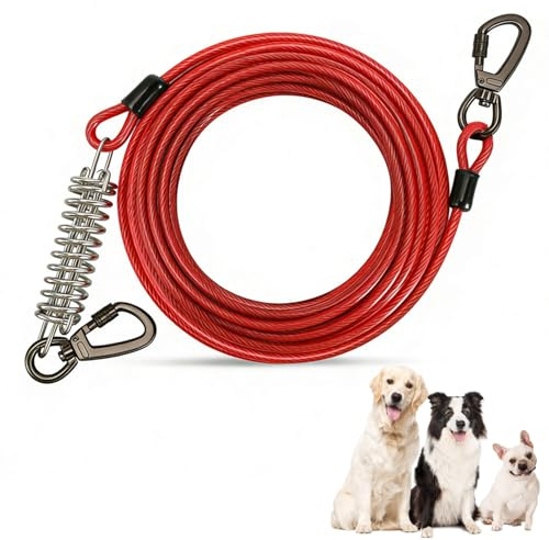Thrink 3m Outdoor Dog Tie Out Cable Heavy Duty Steel Dog Runner with Shock Absorbing Spring, Anti Tangle 360° Swivel Clip, Secure Dog Lead for Garden Yard, Perfect for Pet Up to 60, 120, 250 lbs