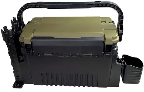 diceevil Angelkoffer Groß 2-Stöckig mit Sitzfunktion Wasserdicht Schwarz | 43×23×28cm, bis 150kg belastbar, 2-stöckig mit Trennwänden, Rutenhalter & Becherhalter, wasserdichte Hartschale, stoßfest, kl