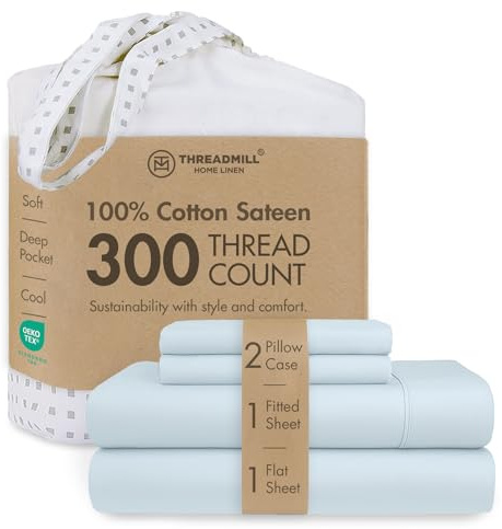 Threadmill Full Size Sheet Set | 100% Cotton Sheets | Solid Sateen Full Bed Sheets Set with 16' Elasticized Deep Pocket | Soft Breathable 4-Piece Cooling Sheet Set | Light Blue