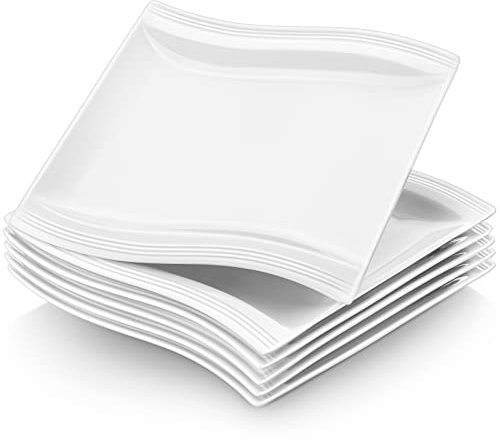 MALACASA Série Flora 6 Assiettes Plates Carrées en Porcelaine, Grandes Assiettes Blanches 26 cm pour Pâtes Dîner et Bifteck, Assiettes Service de Table Passe au Micro ondes et au Lave-vaisselle