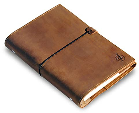 WANDERINGS A5 6-Ring Leder Planer/Nachfüllbarer Organizer – mit Innenfächern | Echtes Vollnarbenleder | 52-Wochen Undatierter Kalender | Geeignet für Filofax – 15 x 22 cm - Leather Binder