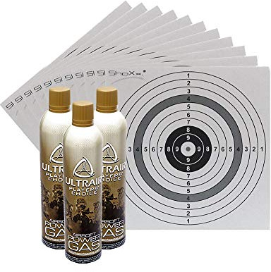 3X ASG Ultrair Airsoft Power Gas - 570 ml + 100 Shoot-Club Zielscheiben 14x14 cm